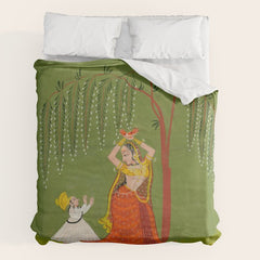 A female attendant is standing in tribhanga pose under a tree. A small child vies for her attention. Duvet Cover