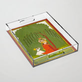 A female attendant is standing in tribhanga pose under a tree. A small child vies for her attention. Acrylic Tray