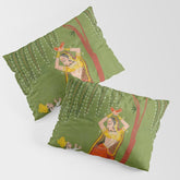 A female attendant is standing in tribhanga pose under a tree. A small child vies for her attention. Pillow Sham