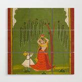 A female attendant is standing in tribhanga pose under a tree. A small child vies for her attention. Wood Wall Art