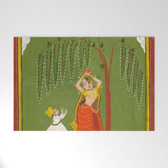 A female attendant is standing in tribhanga pose under a tree. A small child vies for her attention. Welcome Mat