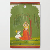 A female attendant is standing in tribhanga pose under a tree. A small child vies for her attention. Cutting Board