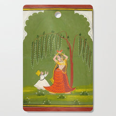 A female attendant is standing in tribhanga pose under a tree. A small child vies for her attention. Cutting Board