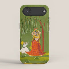 A female attendant is standing in tribhanga pose under a tree. A small child vies for her attention. iPhone Case