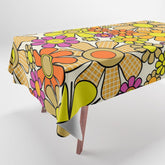 70s Retro Flowers Gingham Floral Pattern Orange Yellow Cream Tablecloth