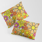 70s Retro Flowers Gingham Floral Pattern Orange Yellow Cream Pillow Sham