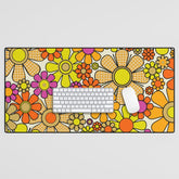70s Retro Flowers Gingham Floral Pattern Orange Yellow Cream Desk Mat