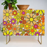 70s Retro Flowers Gingham Floral Pattern Orange Yellow Cream Credenza
