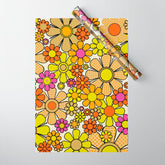70s Retro Flowers Gingham Floral Pattern Orange Yellow Cream Wrapping Paper