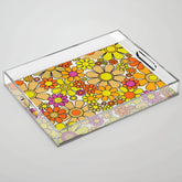 70s Retro Flowers Gingham Floral Pattern Orange Yellow Cream Acrylic Tray