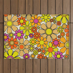 70s Retro Flowers Gingham Floral Pattern Orange Yellow Cream Outdoor Rug