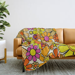 70s Retro Flowers Gingham Floral Pattern Orange Yellow Cream Throw Blanket