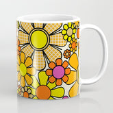 70s Retro Flowers Gingham Floral Pattern Orange Yellow Cream Coffee Mug