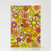 70s Retro Flowers Gingham Floral Pattern Orange Yellow Cream Stationery Card