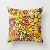 70s Retro Flowers Gingham Floral Pattern Orange Yellow Cream Throw Pillow
