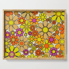 70s Retro Flowers Gingham Floral Pattern Orange Yellow Cream Serving Tray