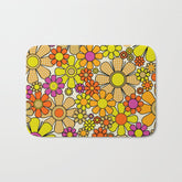 70s Retro Flowers Gingham Floral Pattern Orange Yellow Cream Bath Mat