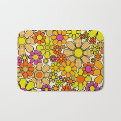 70s Retro Flowers Gingham Floral Pattern Orange Yellow Cream Bath Mat