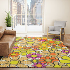 70s Retro Flowers Gingham Floral Pattern Orange Yellow Cream Rug