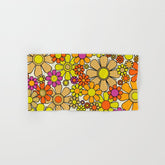 70s Retro Flowers Gingham Floral Pattern Orange Yellow Cream Bath Towel