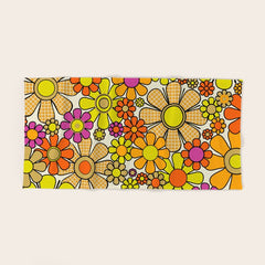 70s Retro Flowers Gingham Floral Pattern Orange Yellow Cream Bath Towel