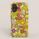 70s Retro Flowers Gingham Floral Pattern Orange Yellow Cream iPhone Case