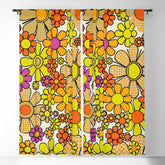 70s Retro Flowers Gingham Floral Pattern Orange Yellow Cream Window Curtain