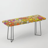 70s Retro Flowers Gingham Floral Pattern Orange Yellow Cream Bench
