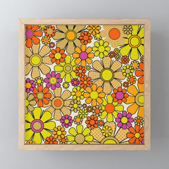 70s Retro Flowers Gingham Floral Pattern Orange Yellow Cream Mini Art Print