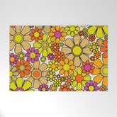 70s Retro Flowers Gingham Floral Pattern Orange Yellow Cream Welcome Mat
