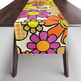 70s Retro Flowers Gingham Floral Pattern Orange Yellow Cream Table Runner