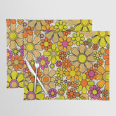 70s Retro Flowers Gingham Floral Pattern Orange Yellow Cream Placemat