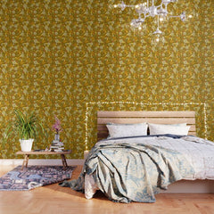 1970s Retro Flowers Pattern in Yellow, Orange & Olive Green Wallpaper