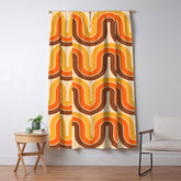 70s Retro Vintage Style Wave Pattern Autumn Brown Orange and Yellow Window Curtain