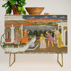 A blindfolded suitor is brought before a princess; verso/ scrolling floral vines 1755 Fayzullah Indian Miniature Painting Credenza
