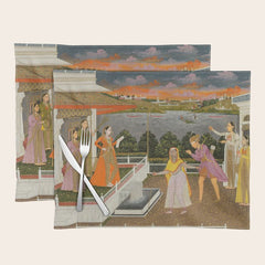 A blindfolded suitor is brought before a princess; verso/ scrolling floral vines 1755 Fayzullah Indian Miniature Painting Placemat