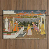 A blindfolded suitor is brought before a princess; verso/ scrolling floral vines 1755 Fayzullah Indian Miniature Painting Outdoor Rug