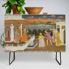 A blindfolded suitor is brought before a princess; verso/ scrolling floral vines 1755 Fayzullah Indian Miniature Painting Credenza