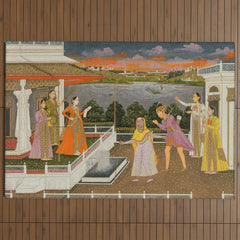 A blindfolded suitor is brought before a princess; verso/ scrolling floral vines 1755 Fayzullah Indian Miniature Painting Outdoor Rug