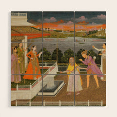 A blindfolded suitor is brought before a princess; verso/ scrolling floral vines 1755 Fayzullah Indian Miniature Painting Wood Wall Art