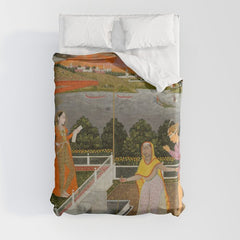 A blindfolded suitor is brought before a princess; verso/ scrolling floral vines 1755 Fayzullah Indian Miniature Painting Duvet Cover