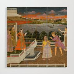 A blindfolded suitor is brought before a princess; verso/ scrolling floral vines 1755 Fayzullah Indian Miniature Painting Wood Wall Art