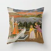 A blindfolded suitor is brought before a princess; verso/ scrolling floral vines 1755 Fayzullah Indian Miniature Painting Throw Pillow
