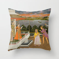 A blindfolded suitor is brought before a princess; verso/ scrolling floral vines 1755 Fayzullah Indian Miniature Painting Throw Pillow