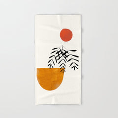 Autumn Vine' Minimal Mid Century Abstract Shapes With Floral Plant Motif Boho Vintage Paper Collage Line Drawing Bath Towel