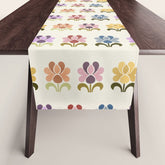 70s Retro Florals Pattern with Linen Texture Table Runner