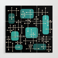 1950s Eames Era Art Crosshairs Black Teal Blue Wood Wall Art