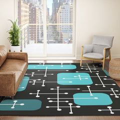 1950s Eames Era Art Crosshairs Black Teal Blue Rug