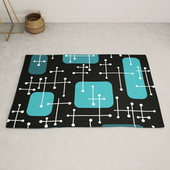 1950s Eames Era Art Crosshairs Black Teal Blue Rug