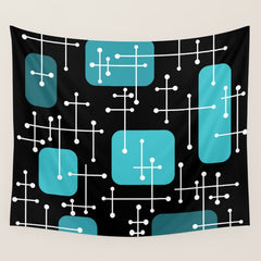 1950s Eames Era Art Crosshairs Black Teal Blue Wall Tapestry